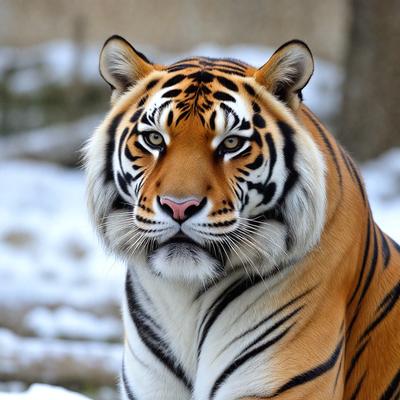 The primary subject of the image is a close-up of a tiger's face. The tiger is looking directly at the camera, with its eyes wide open. The setting is a snowy environment, with the tiger standing in the snow. The visual style is a photo, capturing the tiger's intense gaze. The colors in the image are predominantly white, due to the snow, and the tiger's fur is a mix of orange and black. The overall atmosphere of the image is one